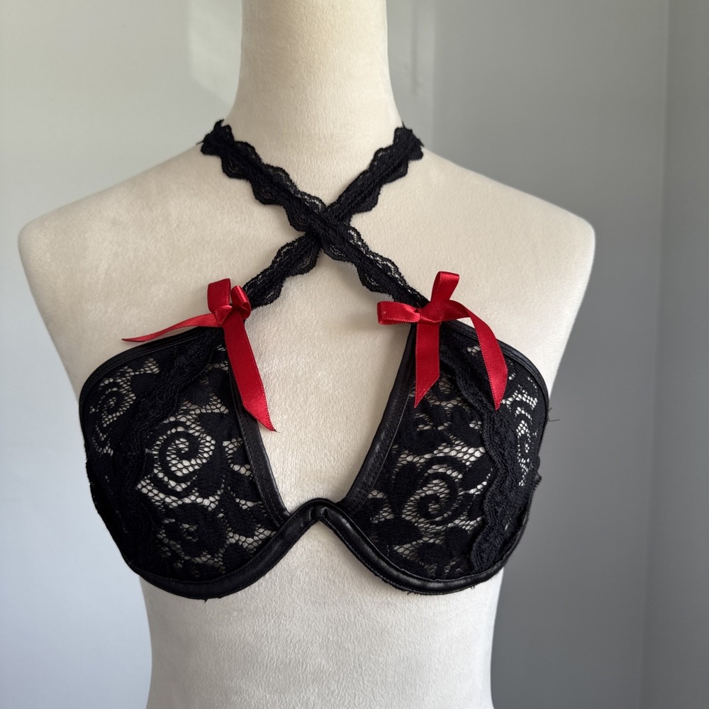 Women's Black Lace Halter Bra with Red Bows Underwire Lingerie Top‎